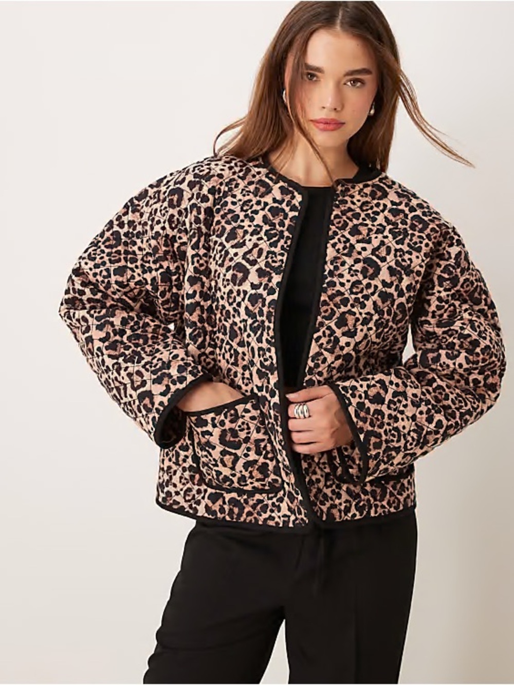 Zara Leopard Print Quilted Jacket brown black pockets button up fall coat medium